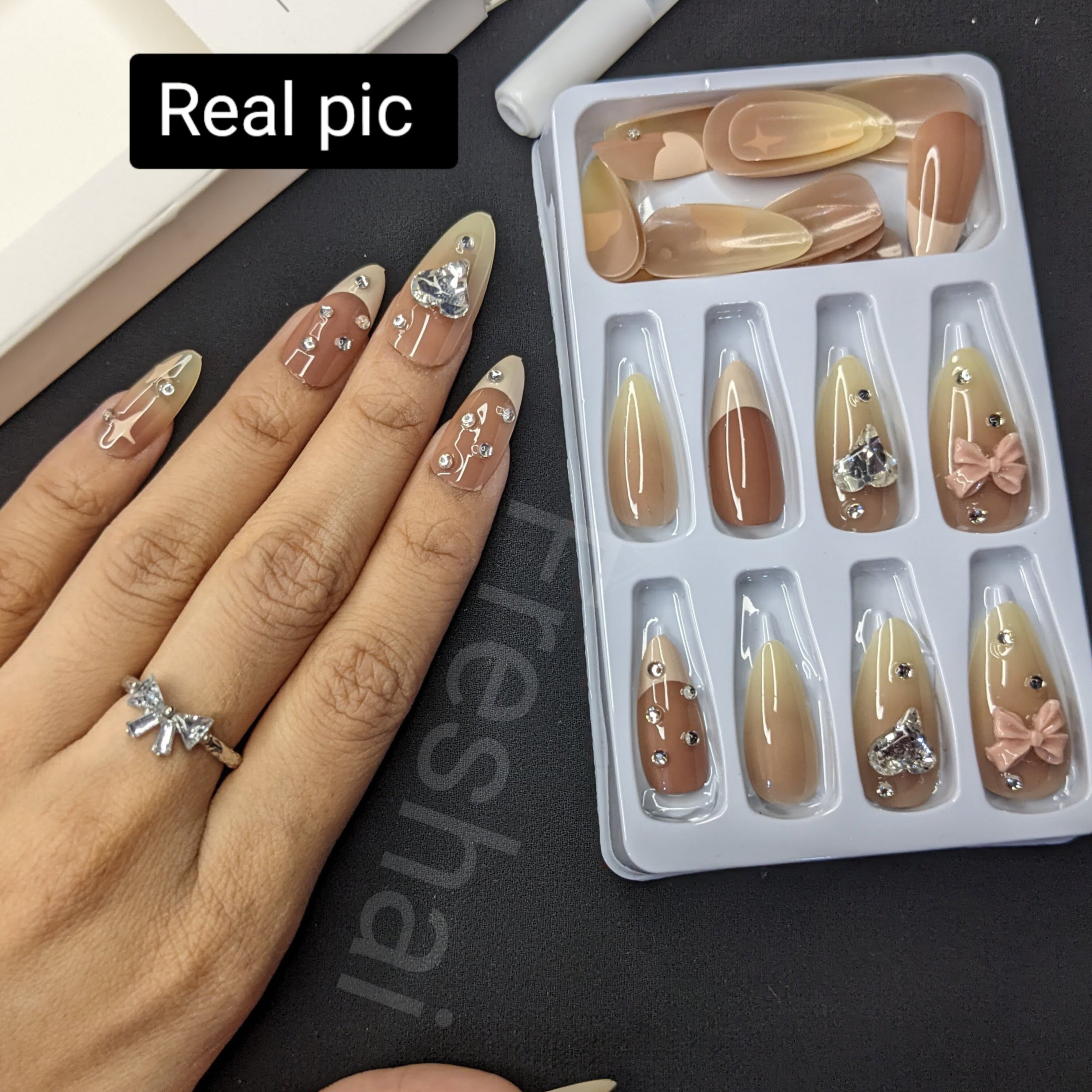 Beige Brown Marble French Press On Nails