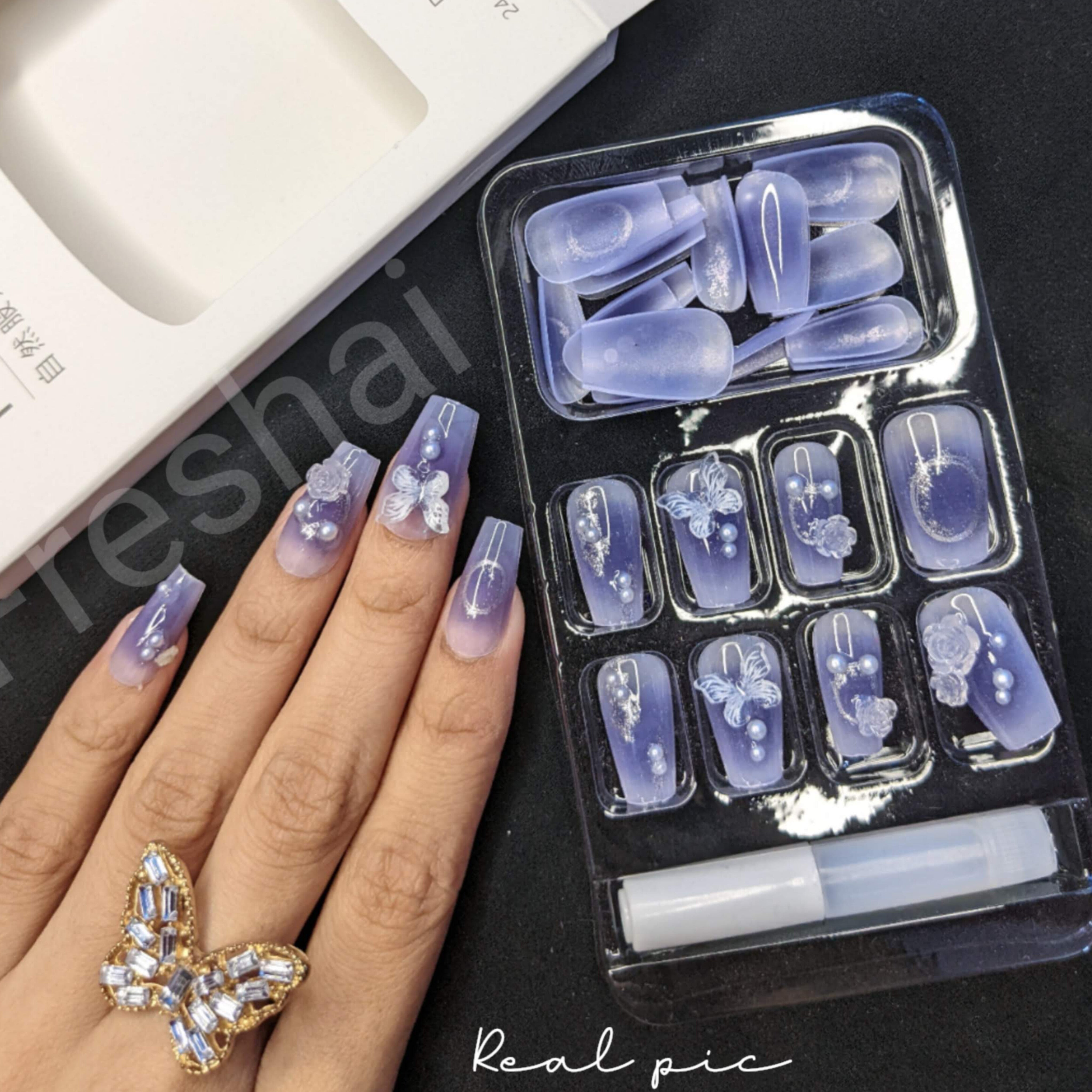 Blue Crystal Butterfly Press On Nails