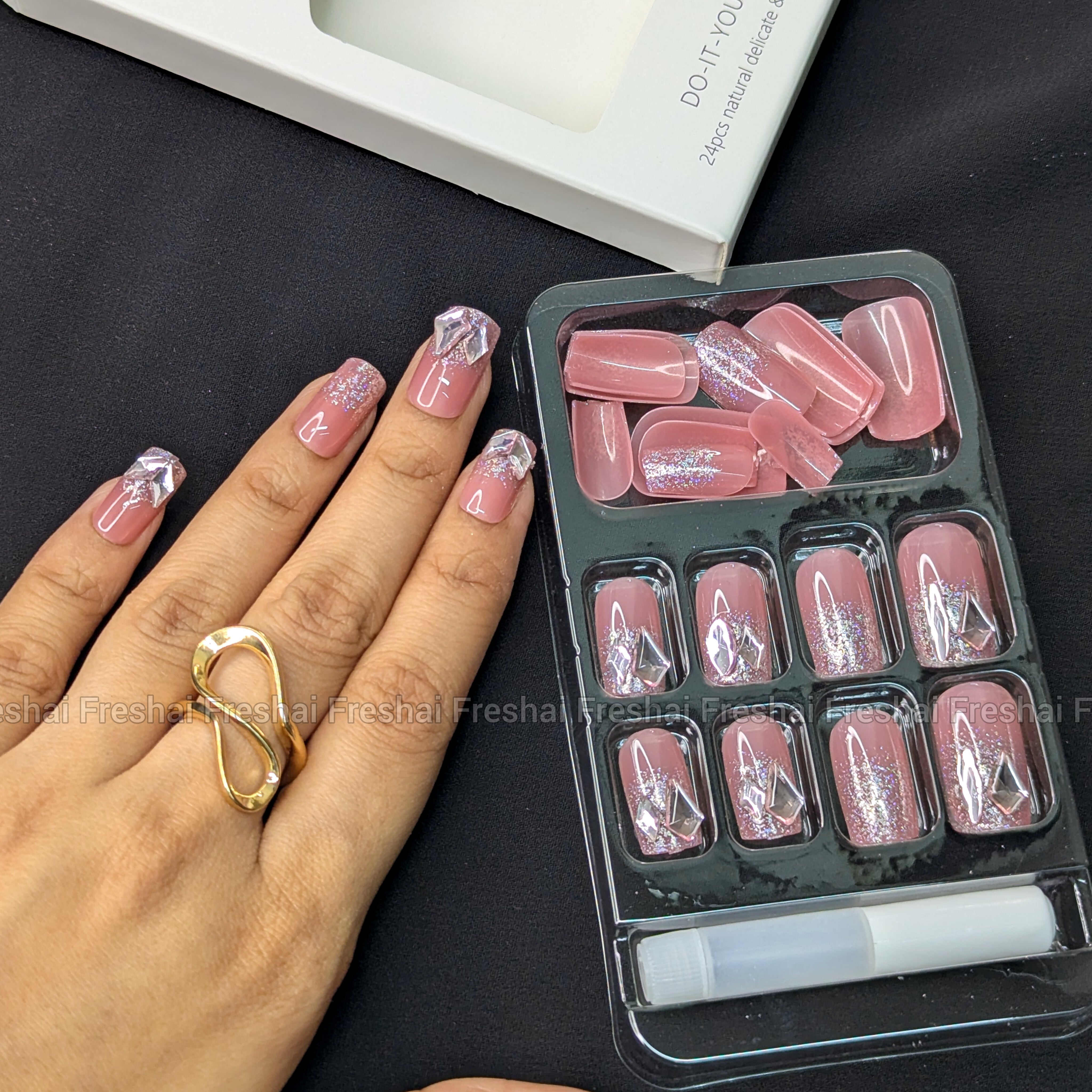 Soft Pink Crystal Bow Press On Nails