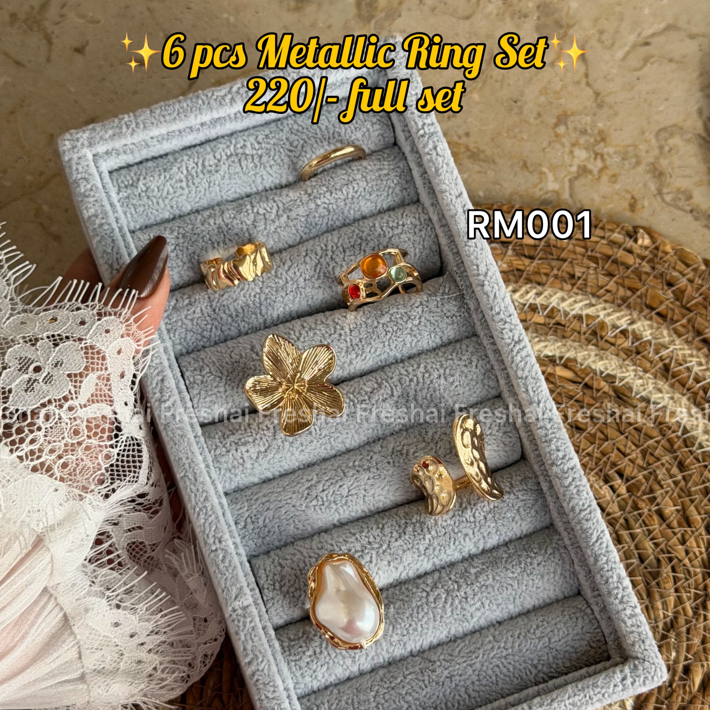 Floral & Pearl Gold Metallic Ring Set (06 pcs)  (Without Box)