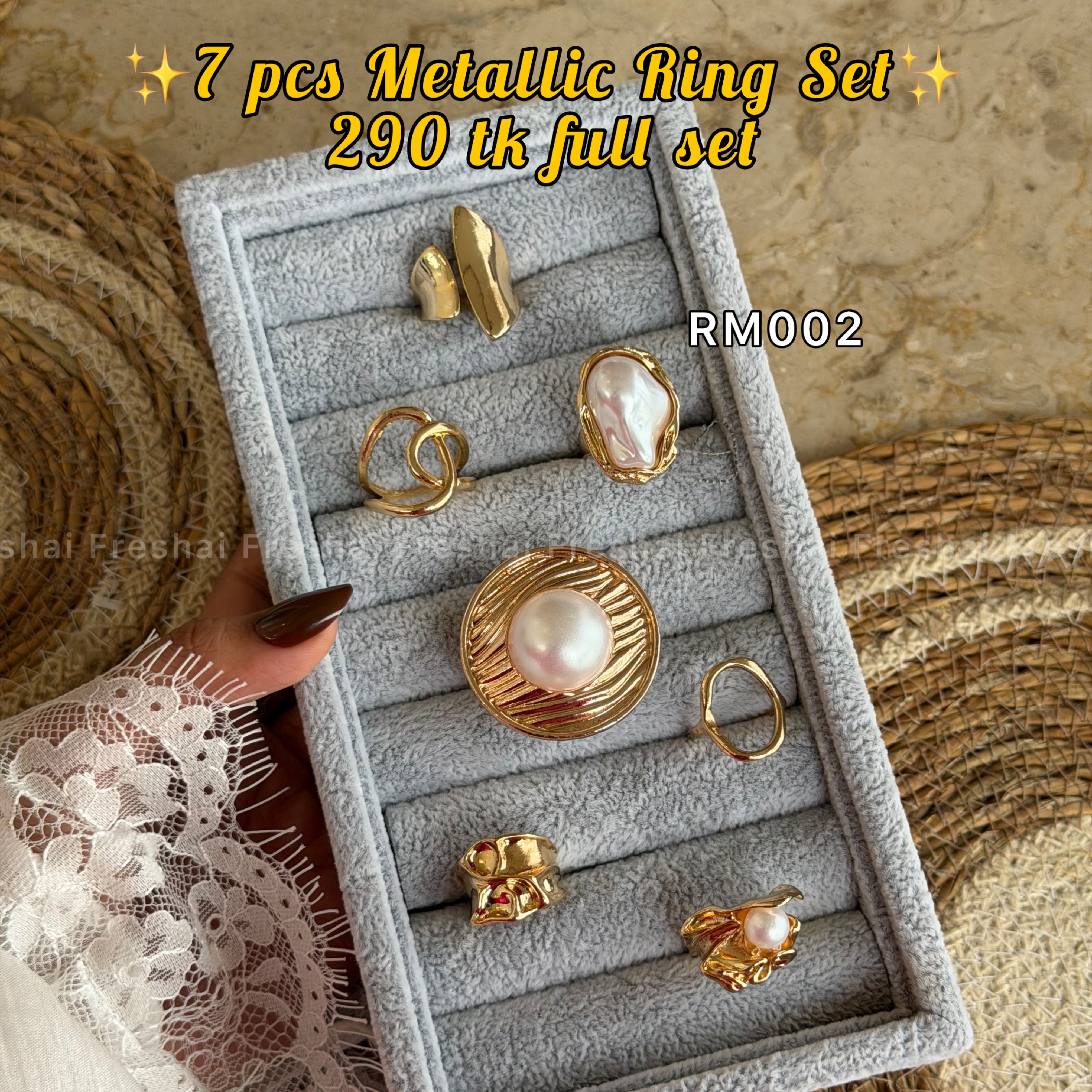 Pearl & Gold Abstract Metallic Ring Set  (07 pcs)  (Without Box)