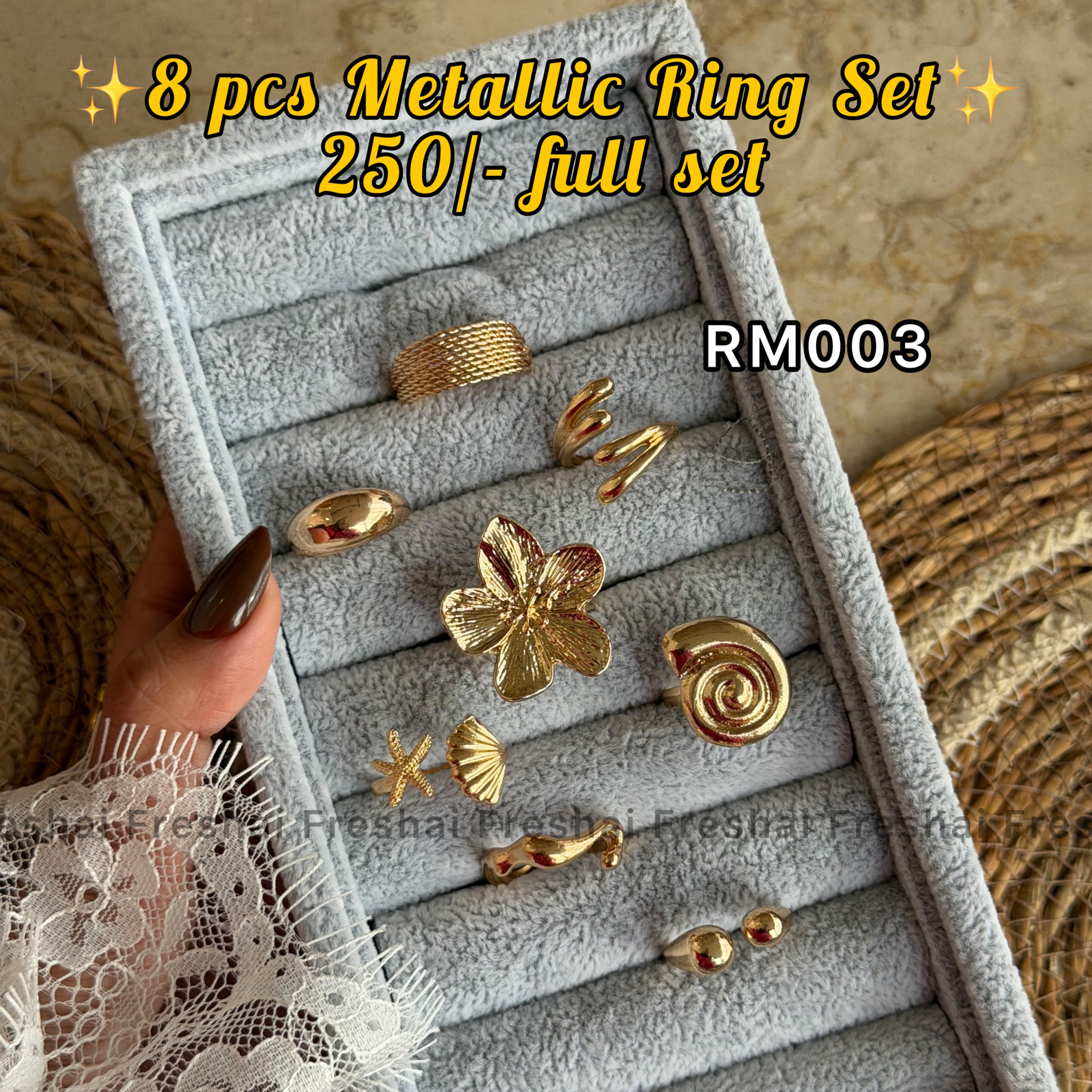 Floral & Ocean Gold Metallic Ring Set (8pcs)