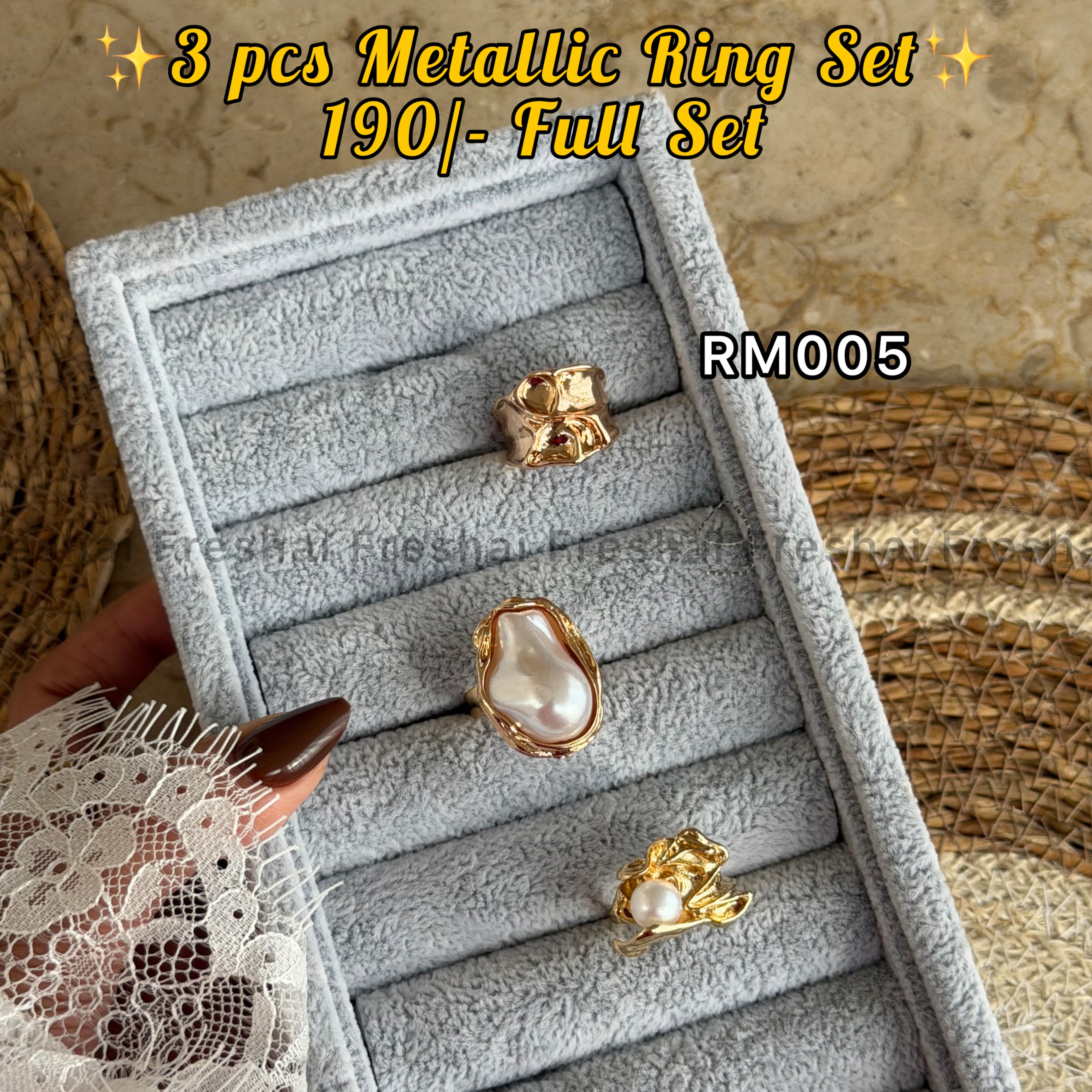 Baroque Pearl & Gold Metallic Ring Set (3pcs) (Without Box)