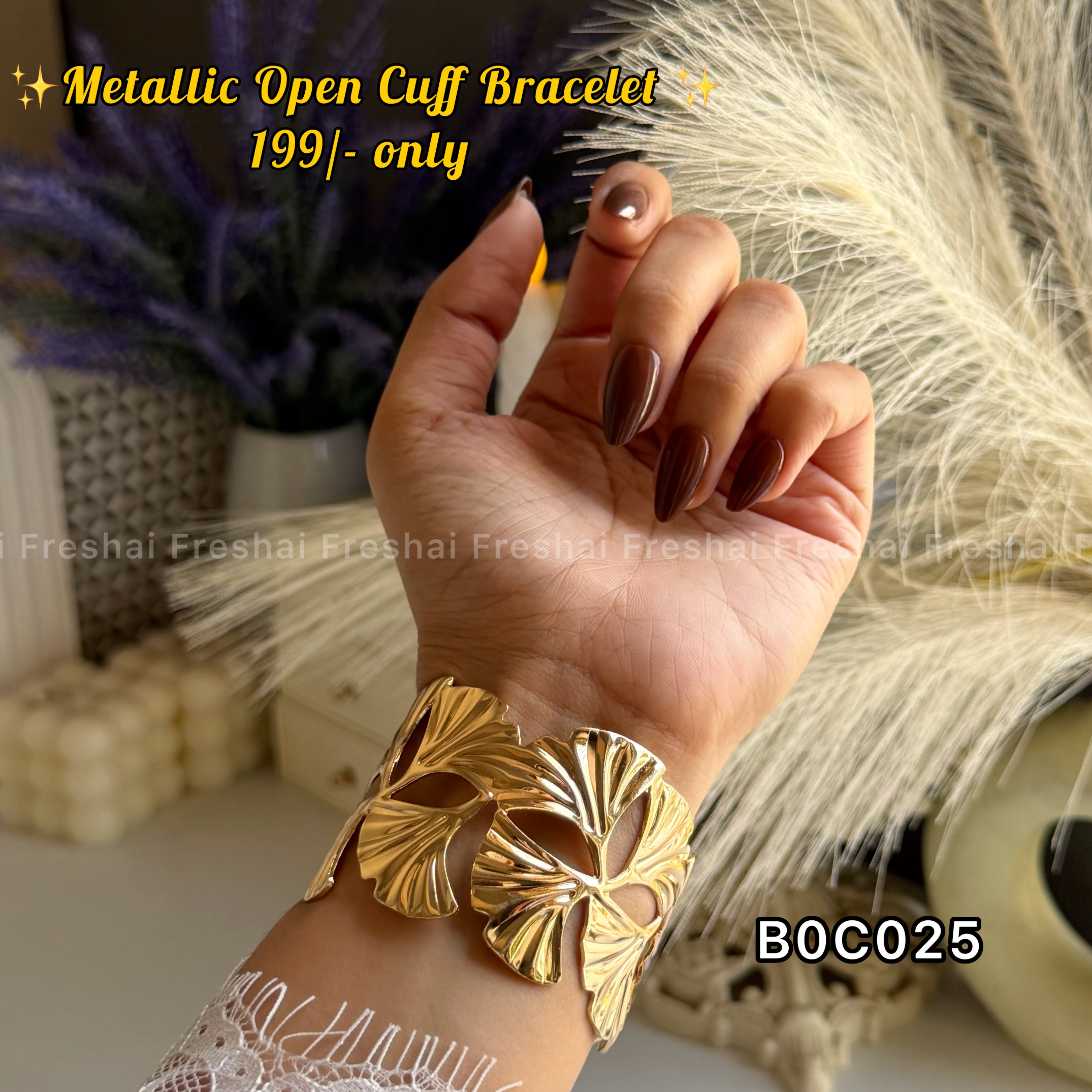 Gold Ginkgo Leaf Open Cuff Bracelet