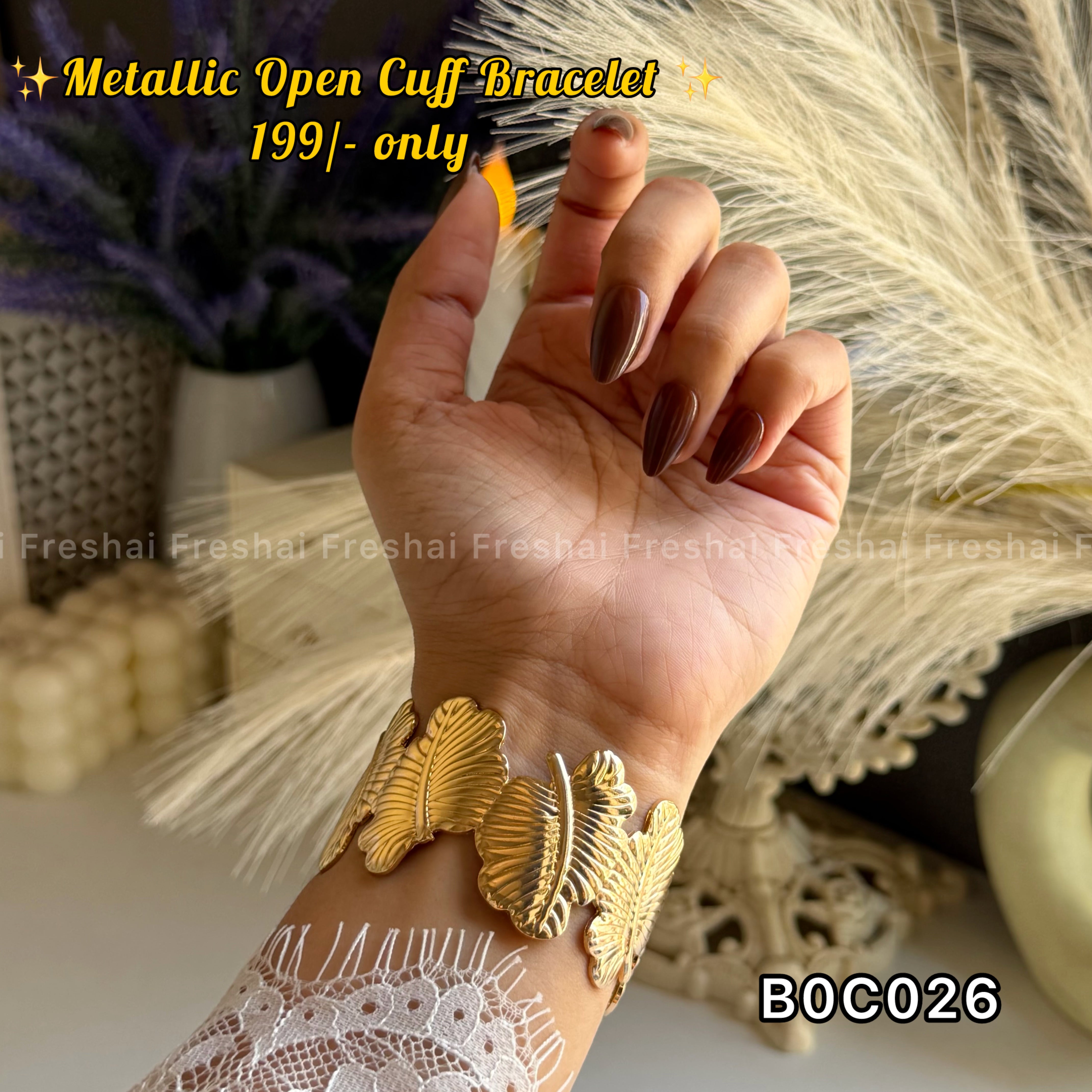 Gold Textured Feather Open Cuff Bracelet