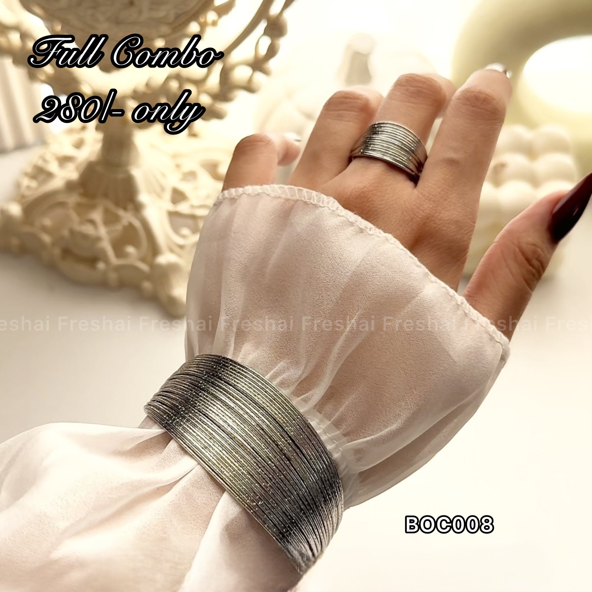 Silver Multi-Layer Metallic Open Cuff & Ring Combo