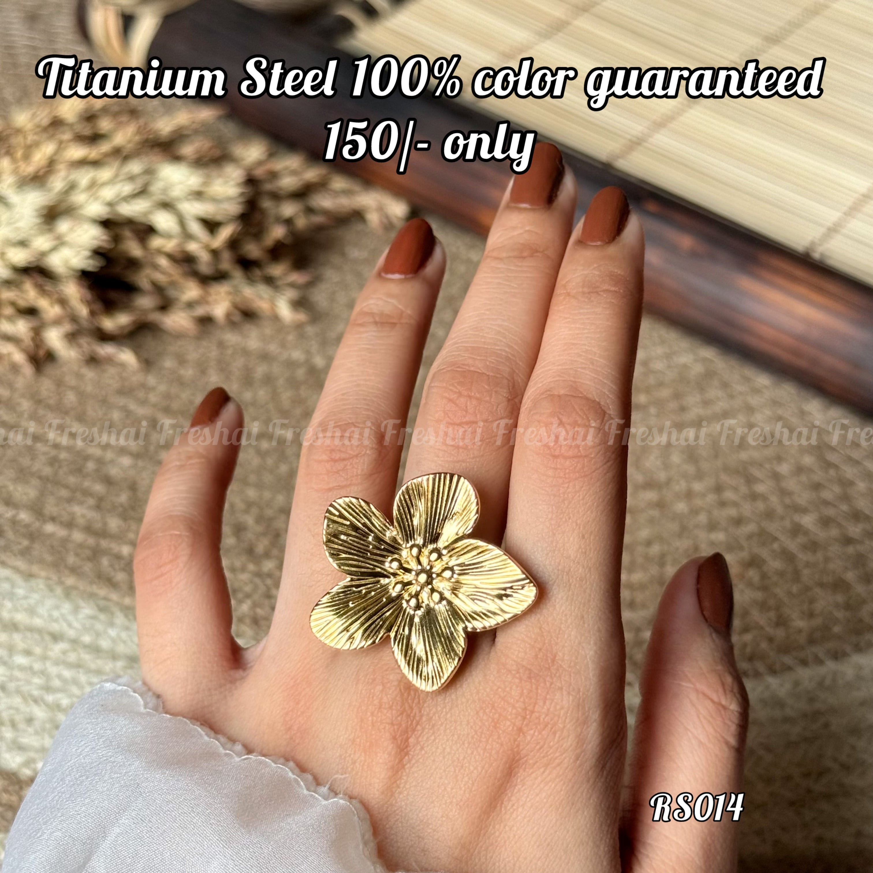 Large Gold Textured Flower Stainless Steel Adjustable Ring