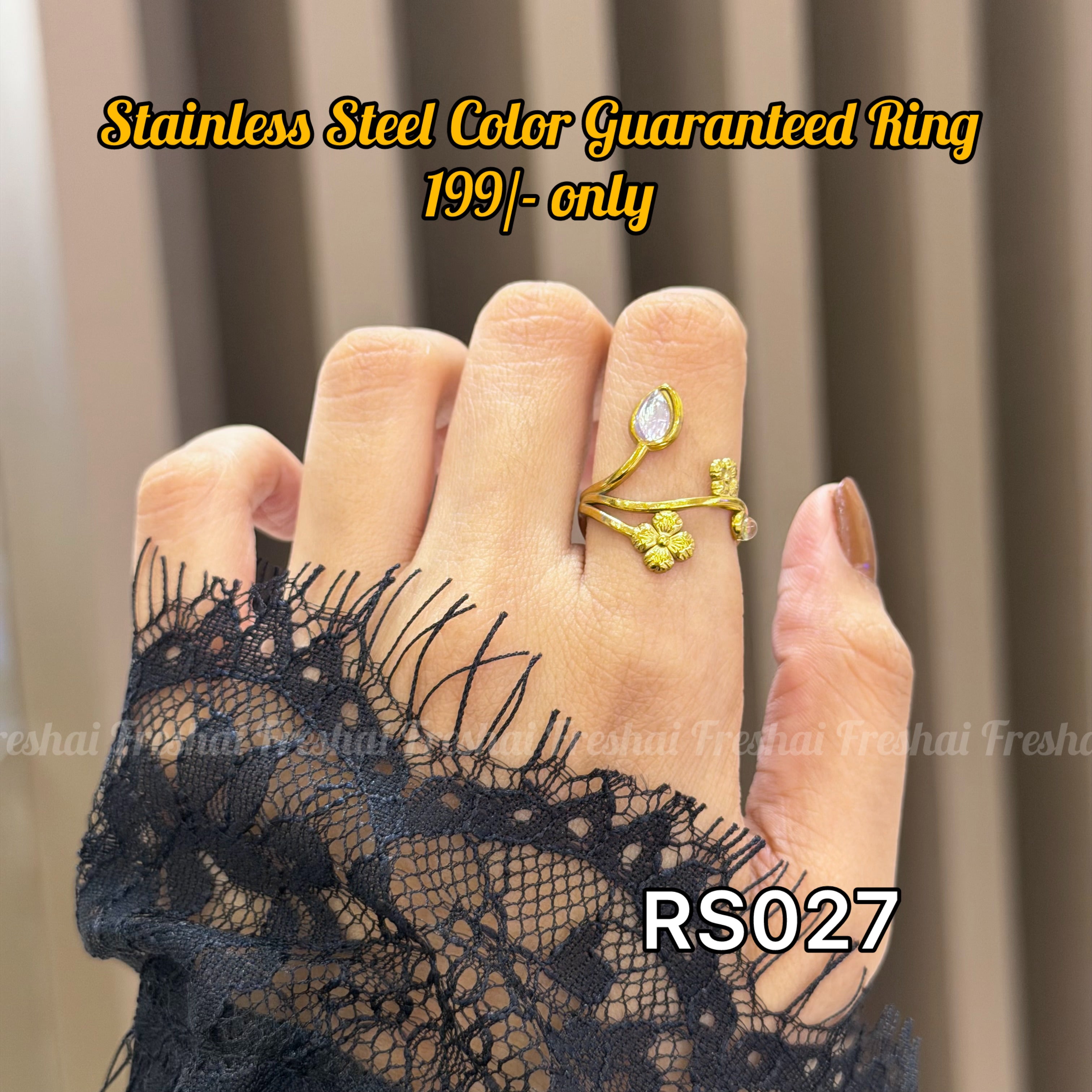 Floral Vine Tear Crystal Gold Stainless Steel Ring
