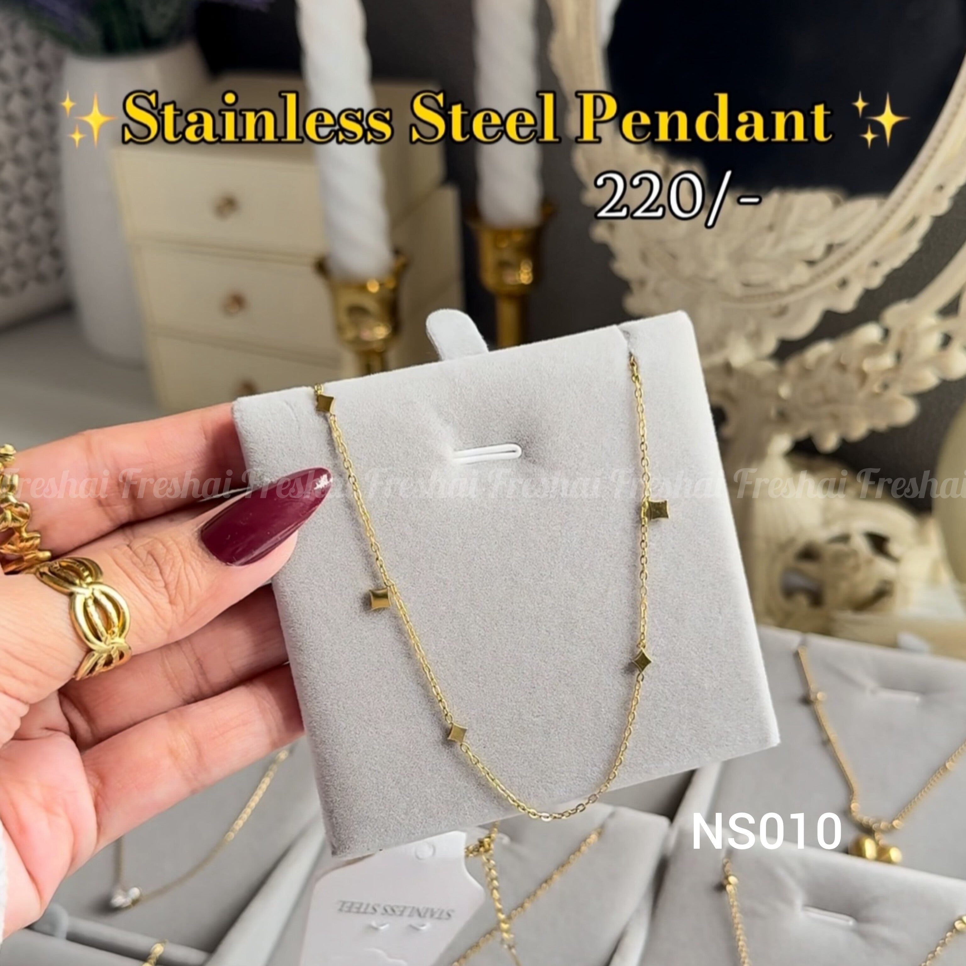 Gold Square Charm Station Stainless Steel Pendant