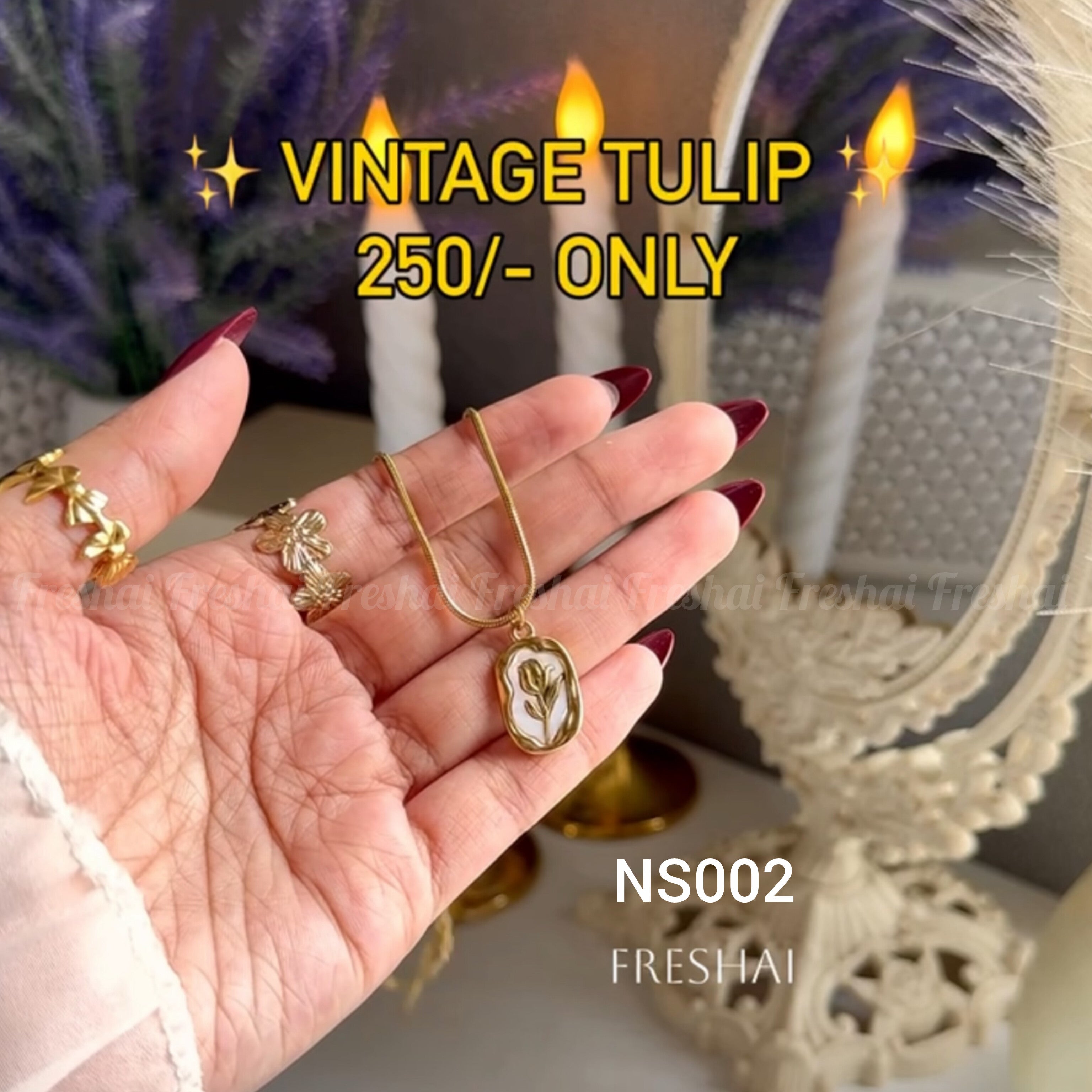 Gold Tulip Oval Stainless Steel Vintage Pendant