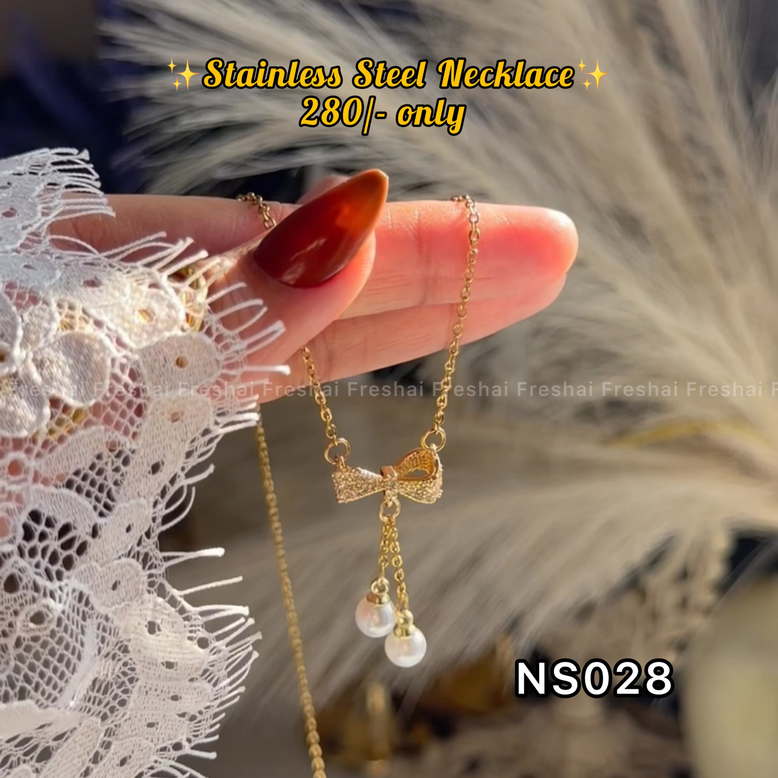 Gold Bowknot Pearl Drop Stainless Steel Pendant