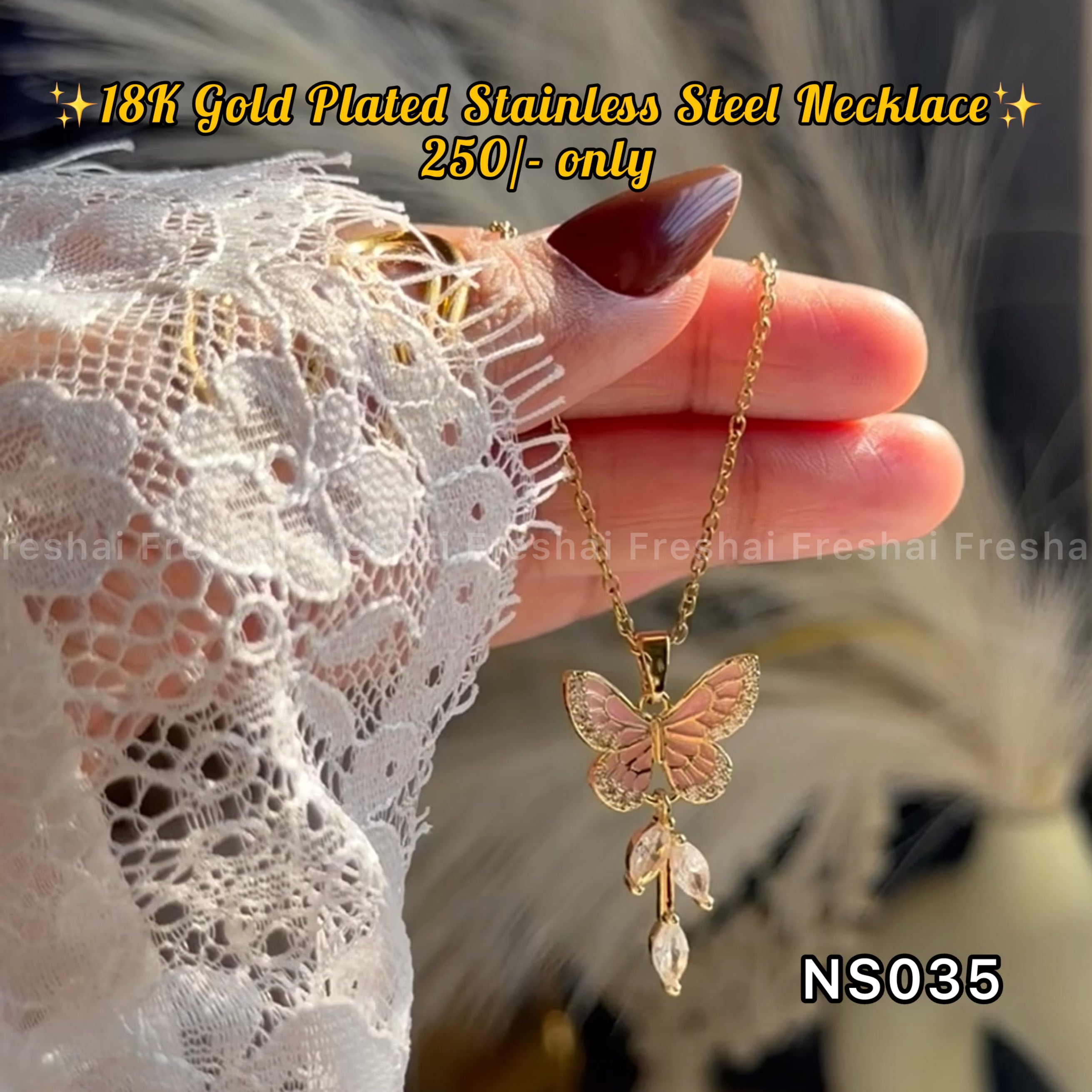 Gold Pink Butterfly Crystal Drop Stainless Steel Pendant