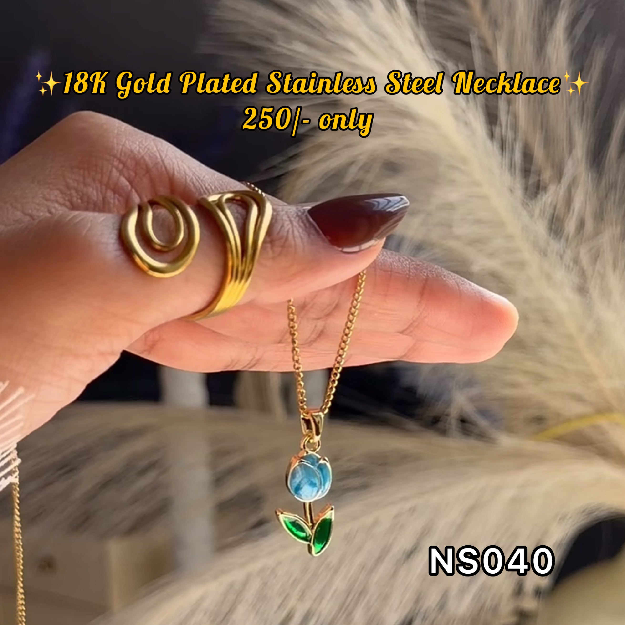 Gold Blue Tulip Flower Enamel Stainless Steel Pendant