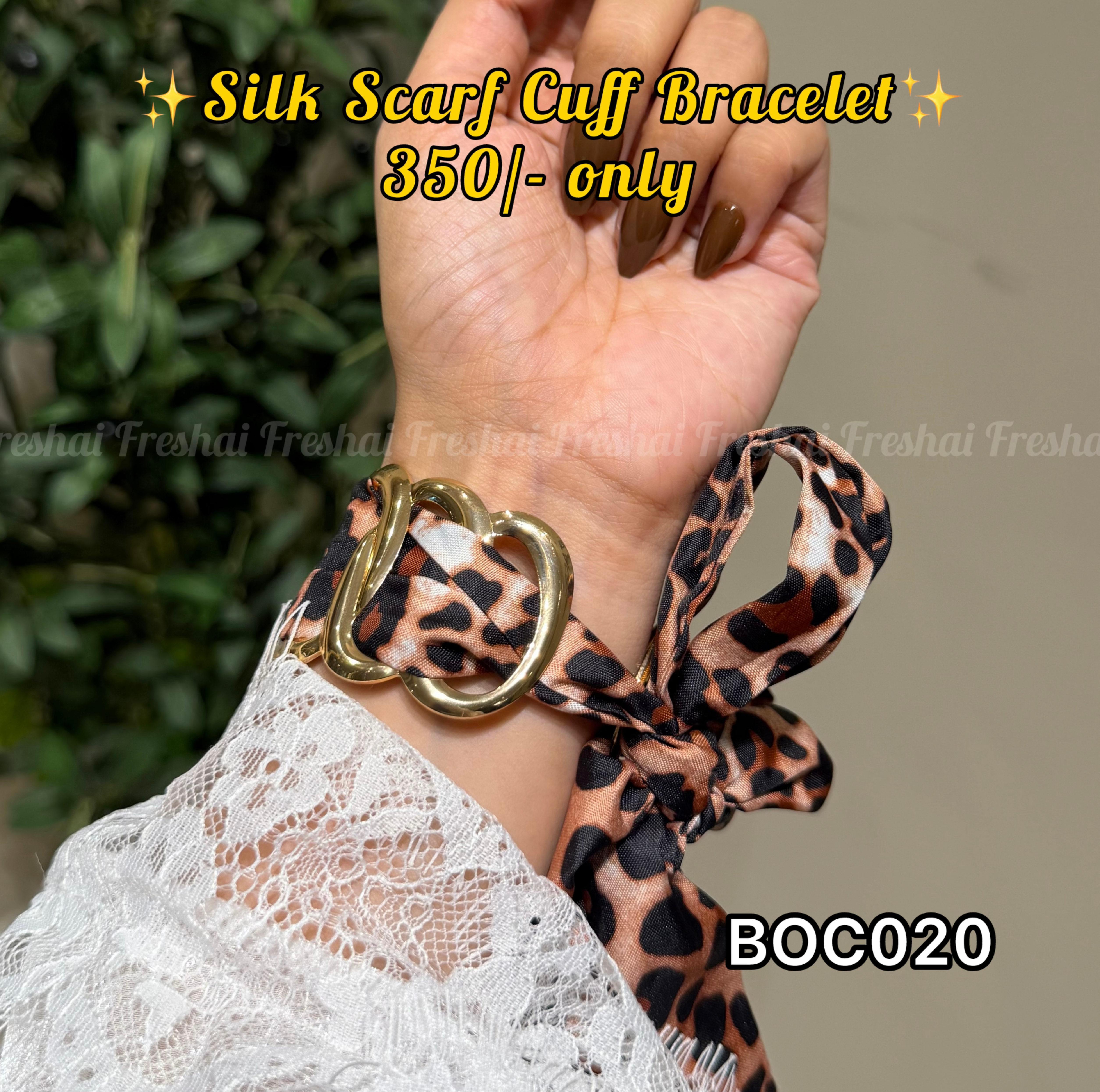 Brown Leopard Print Silk Scarf Open Cuff Bracelet