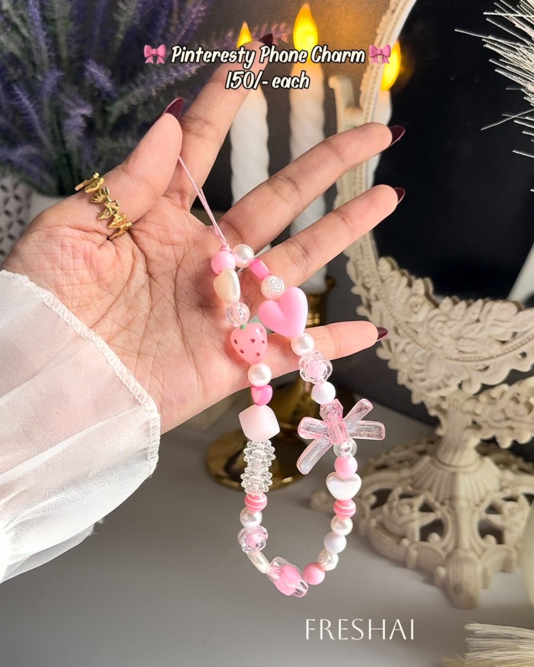 Pink Beaded Strawberry Phone Charm