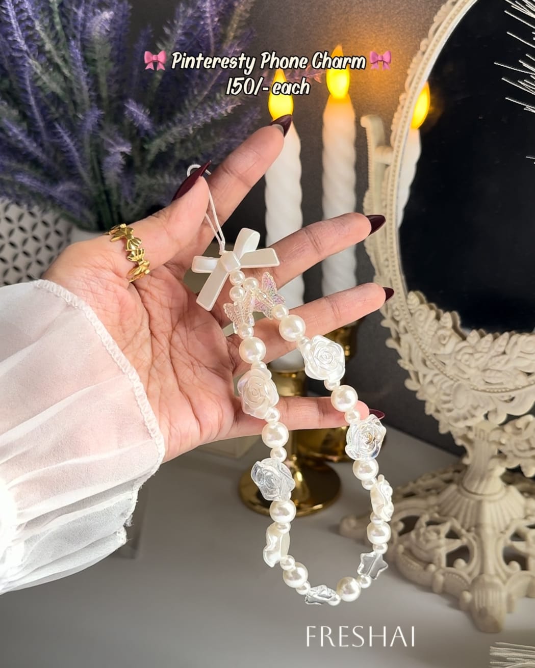 White Pearl & Rose Flower Phone Charm