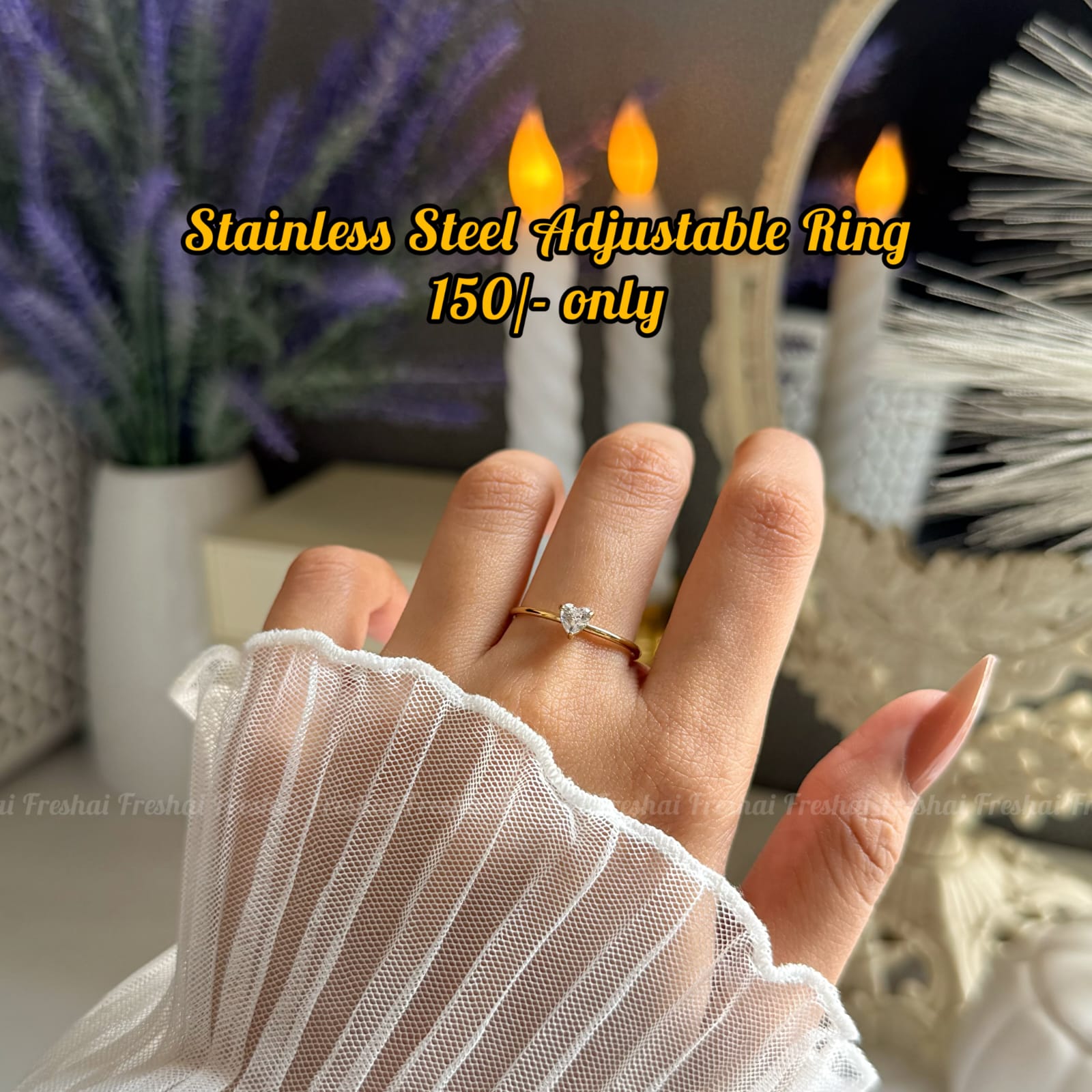 Gold Crystal Heart Solitaire Adjustable Ring