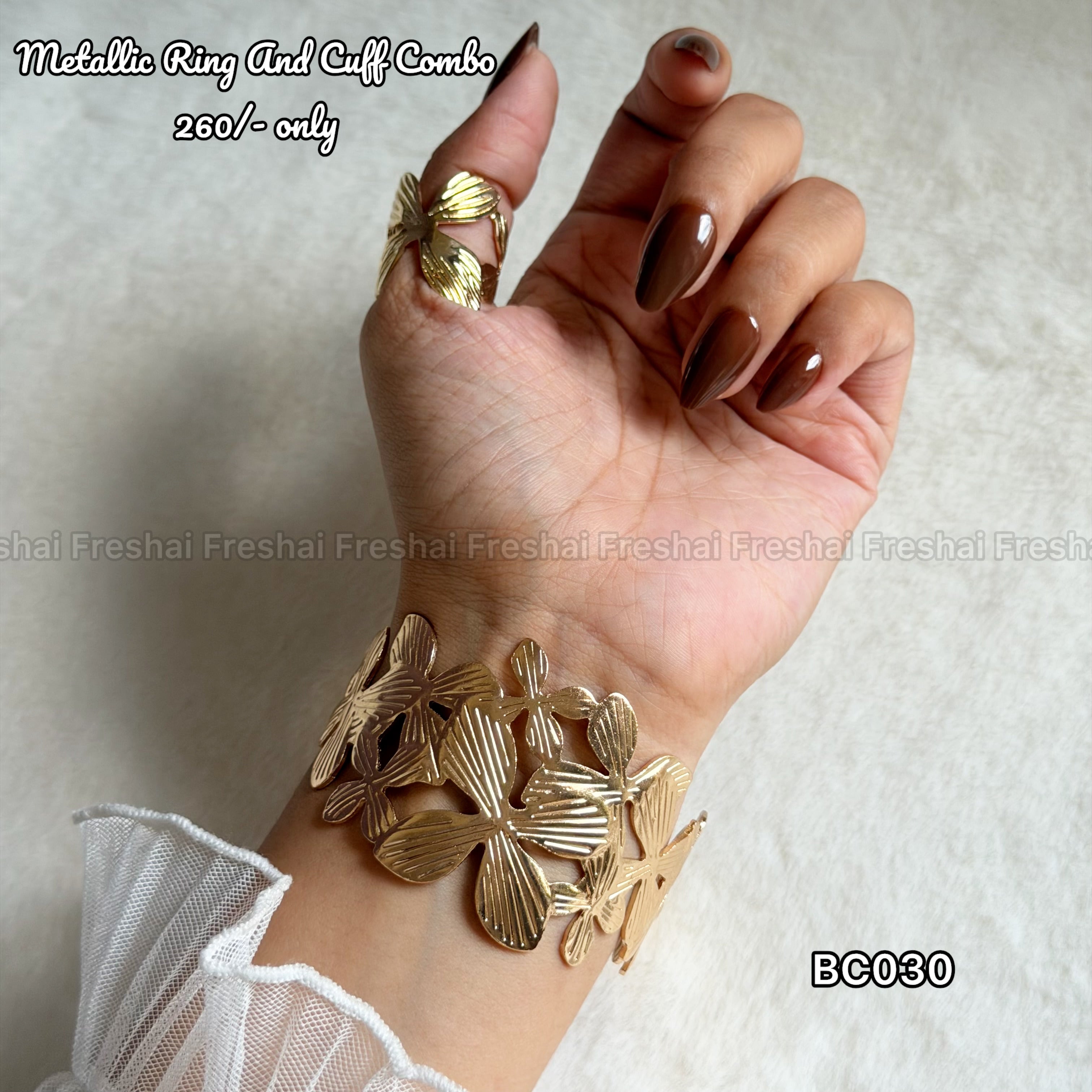 Floral Blossom Metallic Ring & Cuff Combo