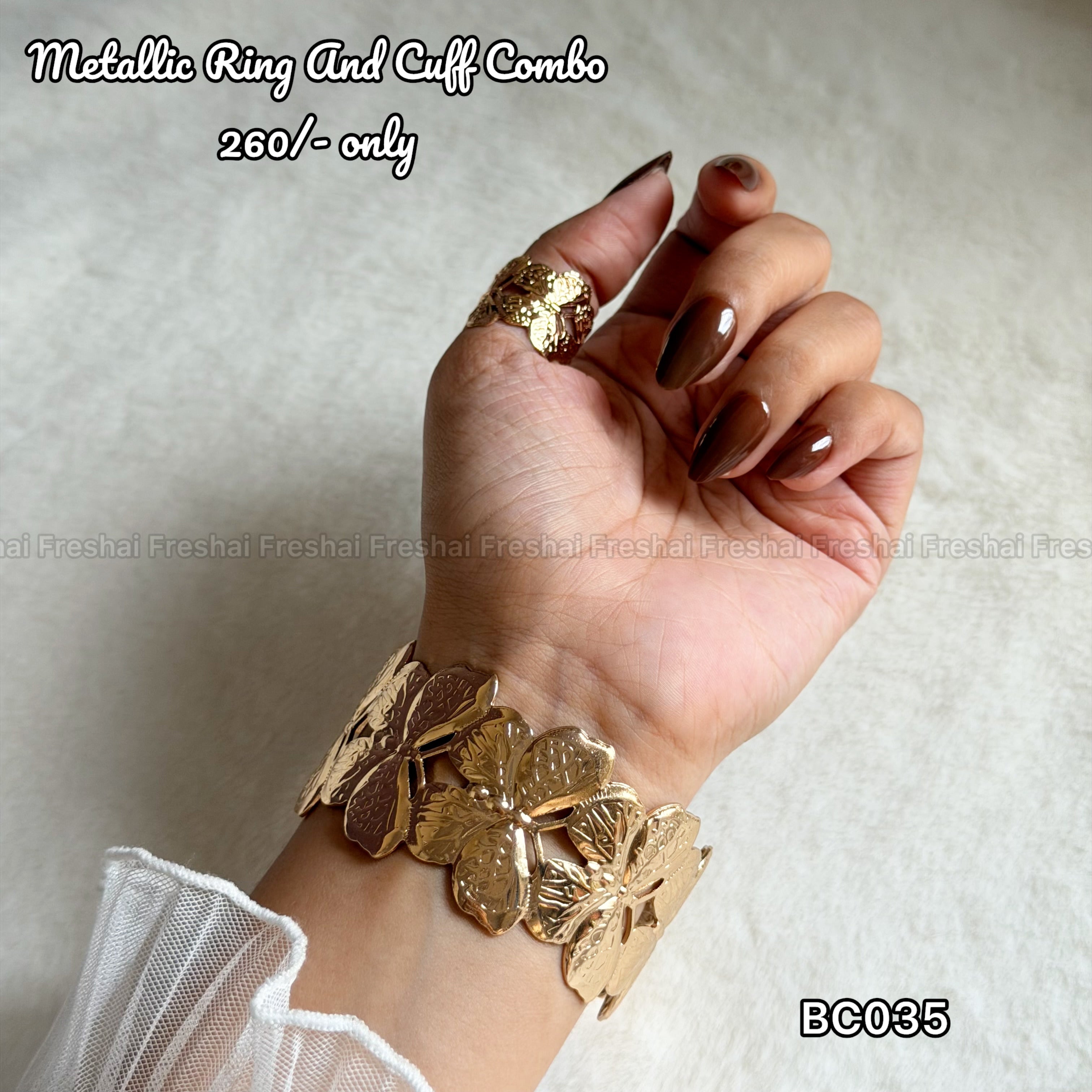 Embossed Floral Band Metallic Ring & Cuff Combo