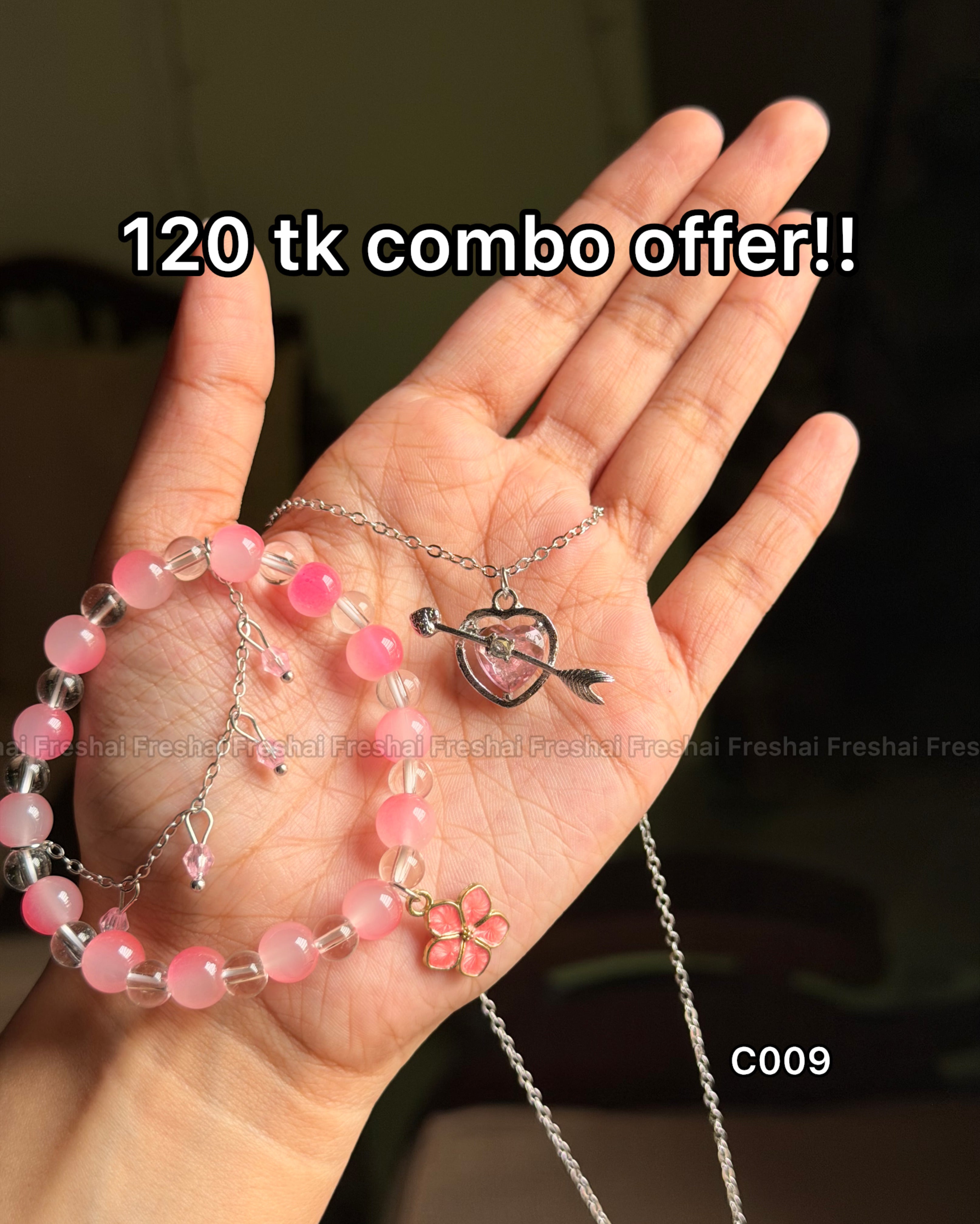 Pink Crystal & Arrow Heart Necklace Combo Set
