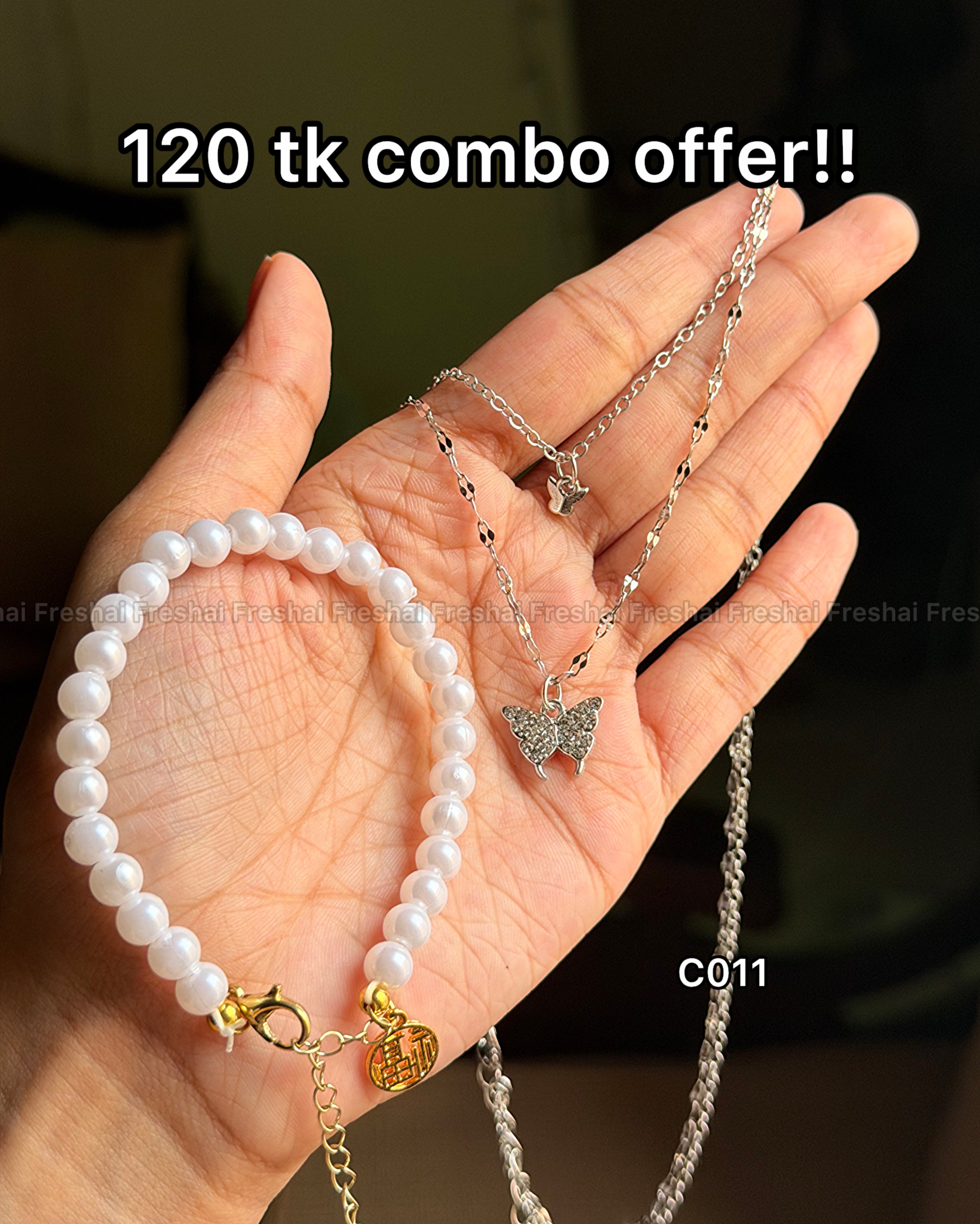 Classic Pearl & Double Butterfly Necklace Combo Set