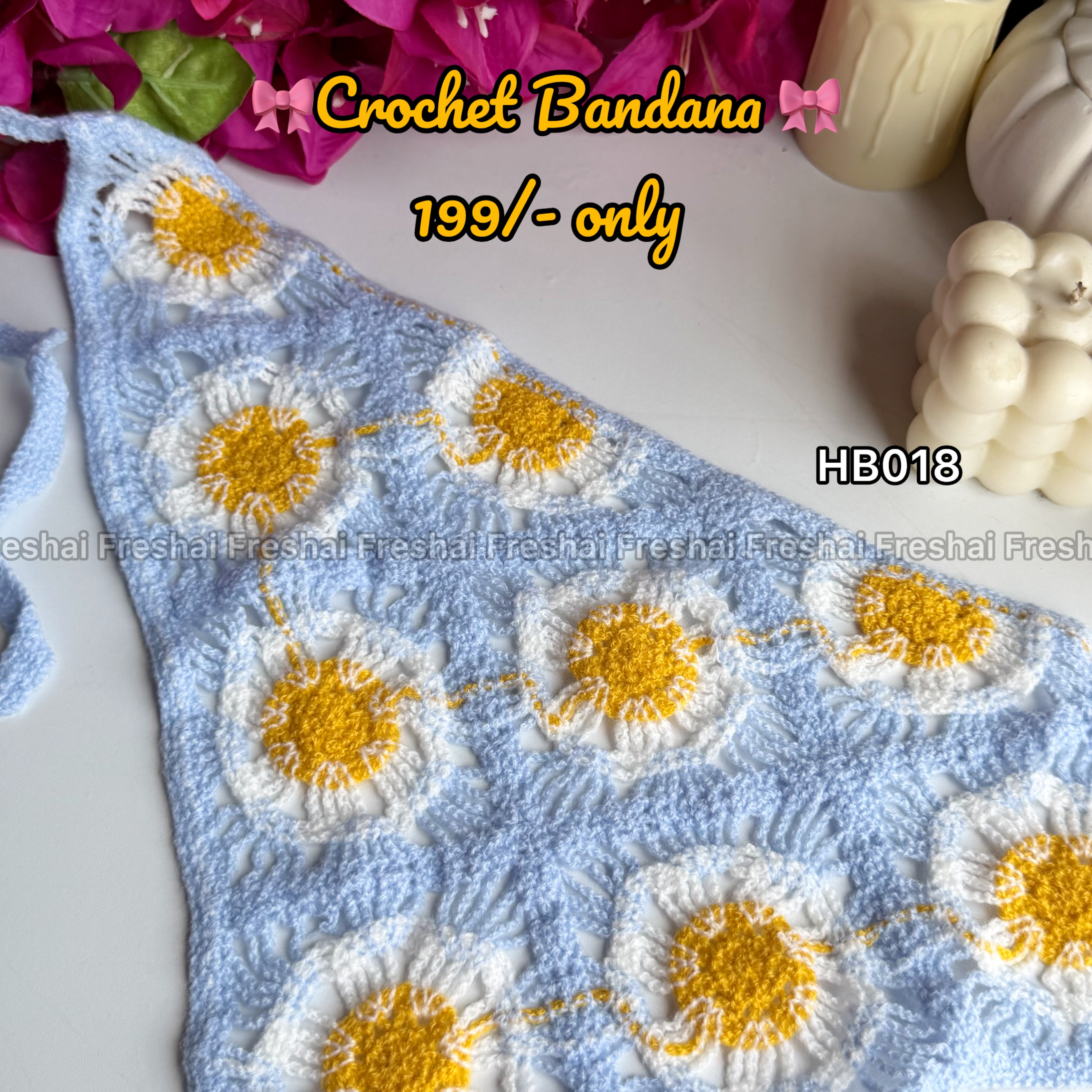 Sky Blue Daisy Floral Crochet Bandana