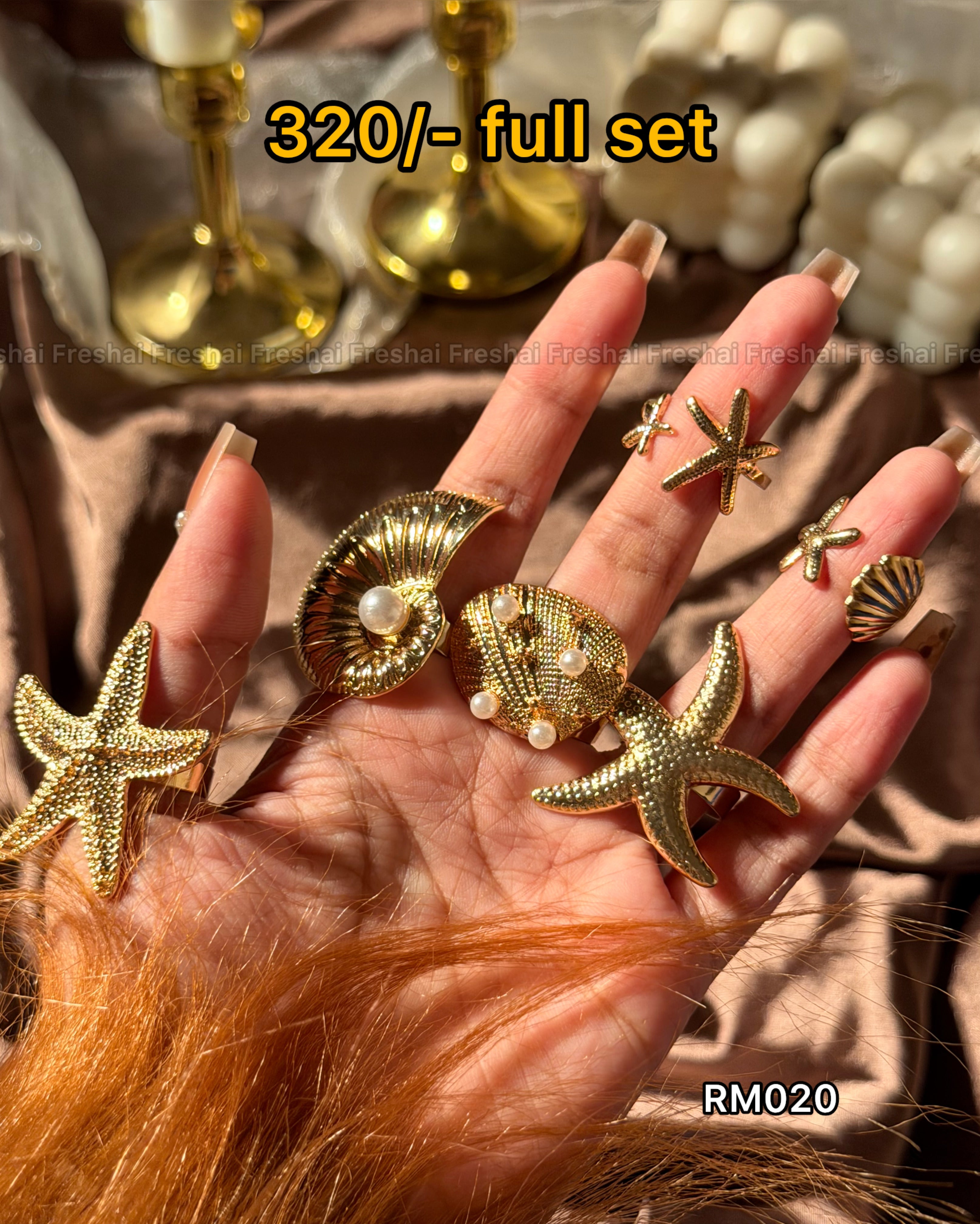 Golden Beach Starfish & Seashell Ring Set