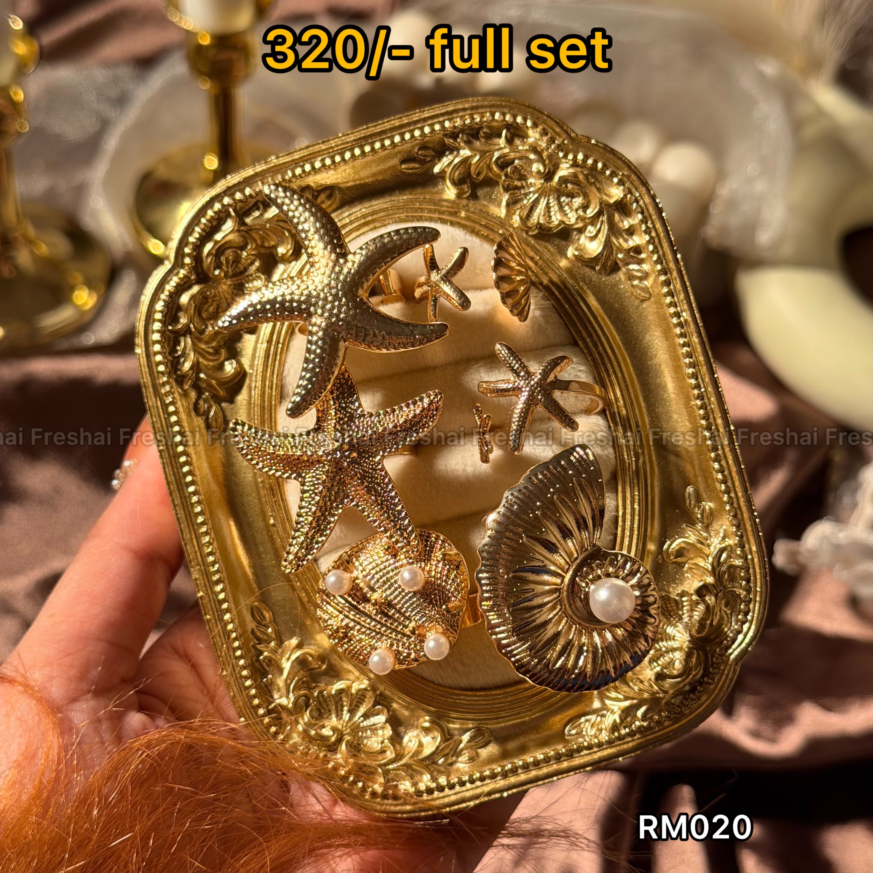 Golden Beach Starfish & Seashell Ring Set