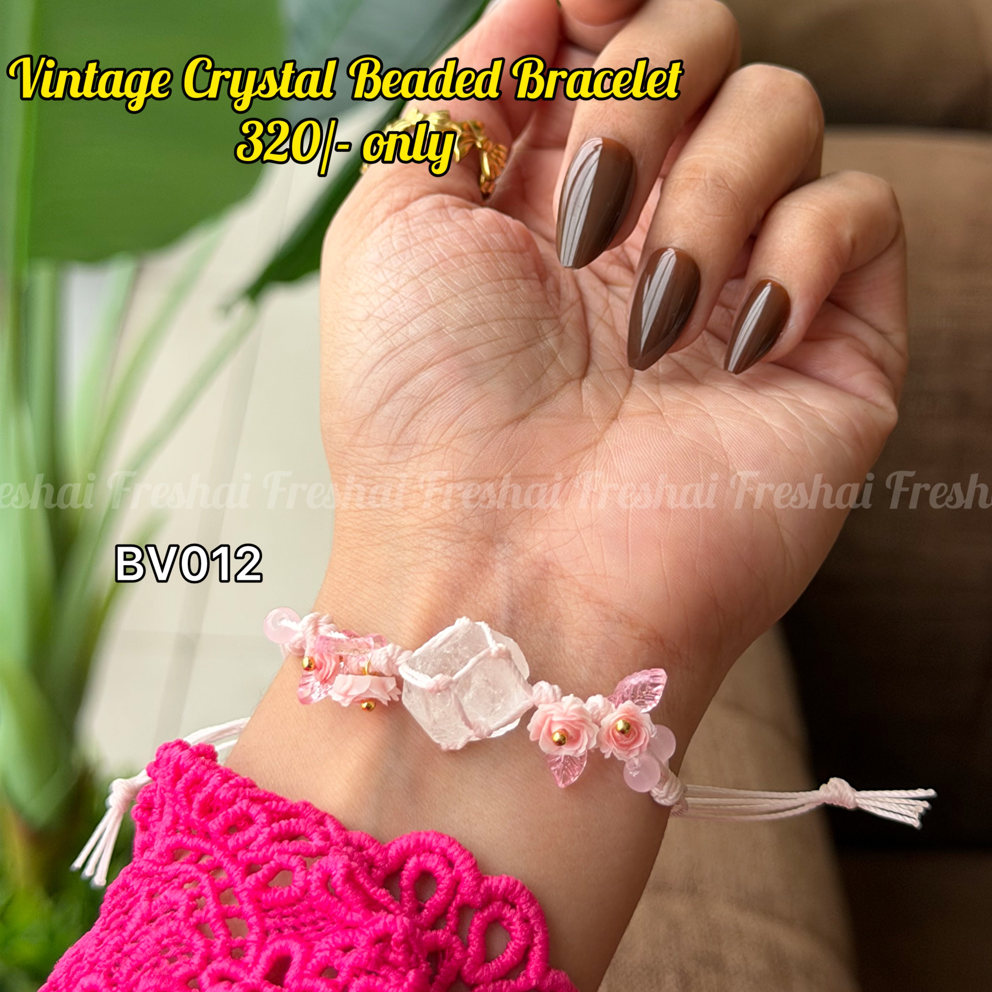 Pink Rose & Clear Crystal Vintage Bracelet